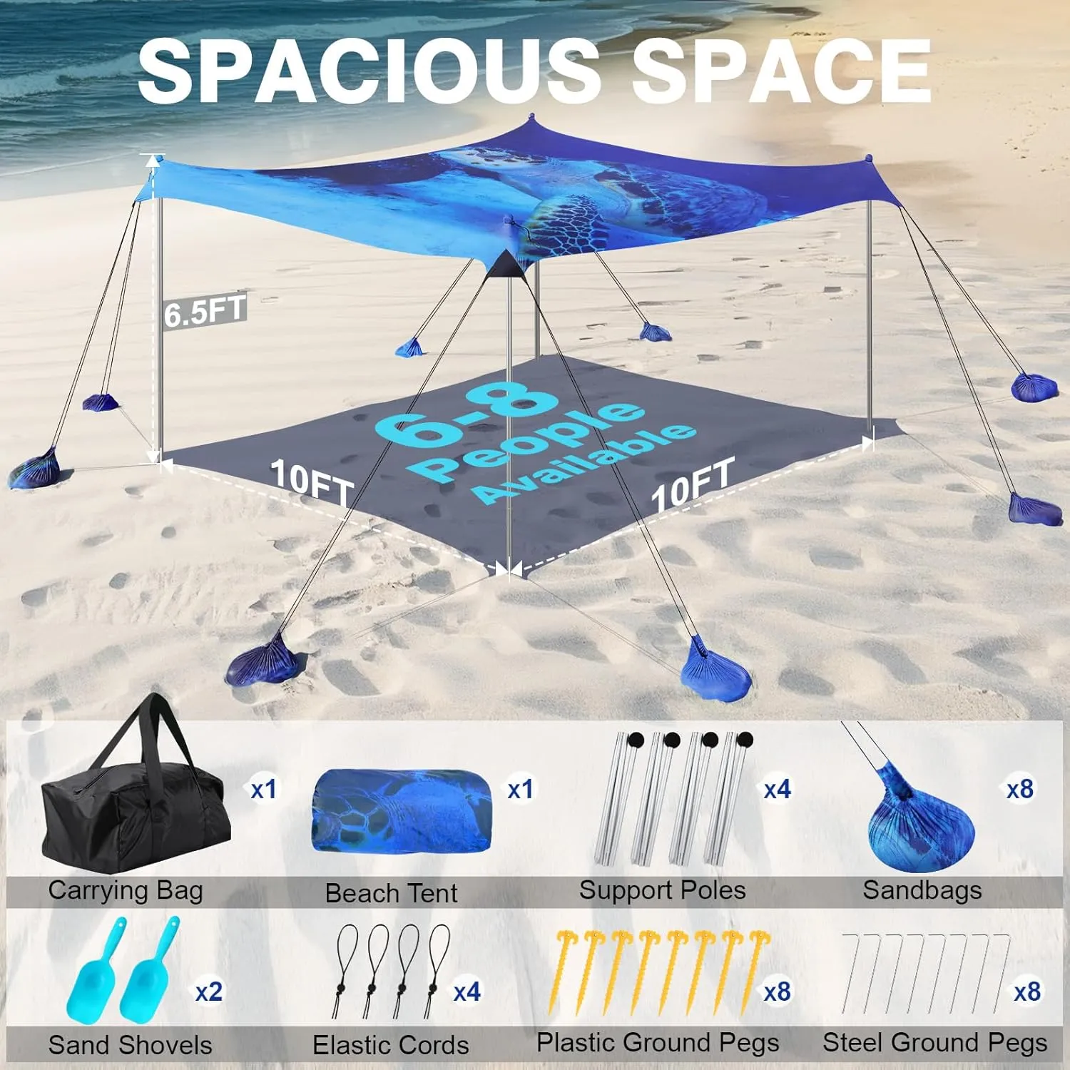 Rhino Valley Beach Tent Sun Shelter, 10x10FT Beach Canopy Tent Sun Shade UPF50  Protection with 8 Sandbags 4 Stability Poles, Outdoor Beach Shade Canopy 6-8 People for Beach Camping Fishing