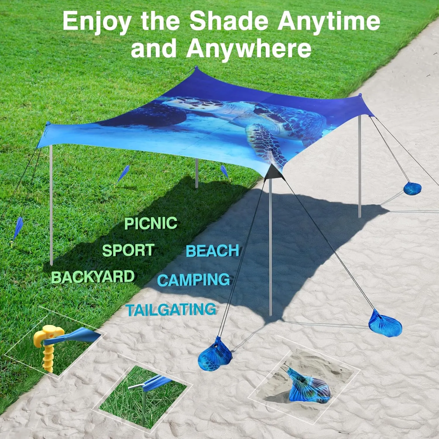 Rhino Valley Beach Tent Sun Shelter, 10x10FT Beach Canopy Tent Sun Shade UPF50  Protection with 8 Sandbags 4 Stability Poles, Outdoor Beach Shade Canopy 6-8 People for Beach Camping Fishing