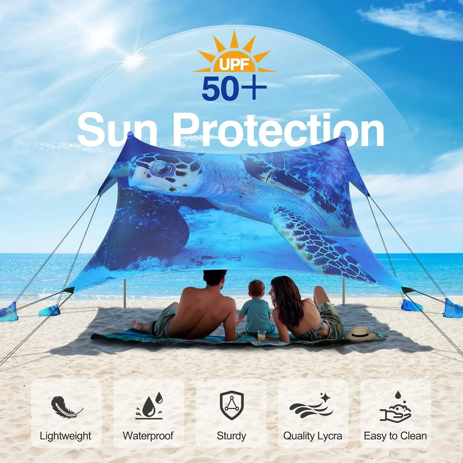 Rhino Valley Beach Tent Sun Shelter, 10x10FT Beach Canopy Tent Sun Shade UPF50  Protection with 8 Sandbags 4 Stability Poles, Outdoor Beach Shade Canopy 6-8 People for Beach Camping Fishing