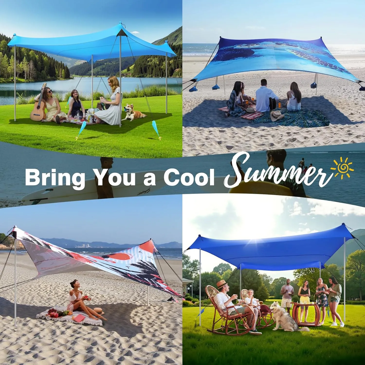 Rhino Valley Beach Tent Sun Shelter, 10x10FT Beach Canopy Tent Sun Shade UPF50  Protection with 8 Sandbags 4 Stability Poles, Outdoor Beach Shade Canopy 6-8 People for Beach Camping Fishing