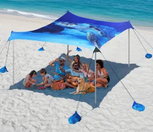 Rhino Valley Beach Tent Sun Shelter, 10x10FT Beach Canopy Tent Sun Shade UPF50  Protection with 8 Sandbags 4 Stability Poles, Outdoor Beach Shade Canopy 6-8 People for Beach Camping Fishing