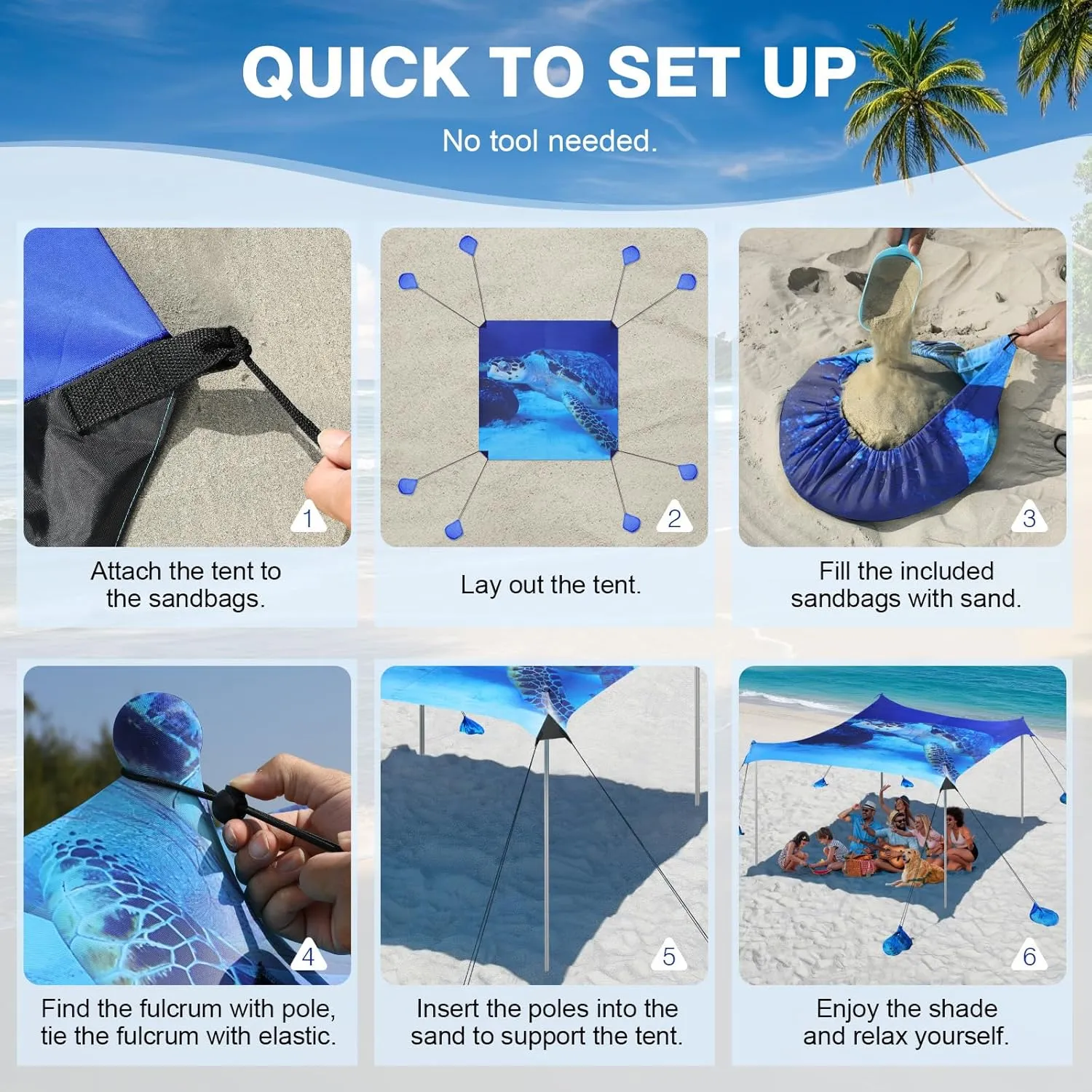 Rhino Valley Beach Tent Sun Shelter, 10x10FT Beach Canopy Tent Sun Shade UPF50  Protection with 8 Sandbags 4 Stability Poles, Outdoor Beach Shade Canopy 6-8 People for Beach Camping Fishing