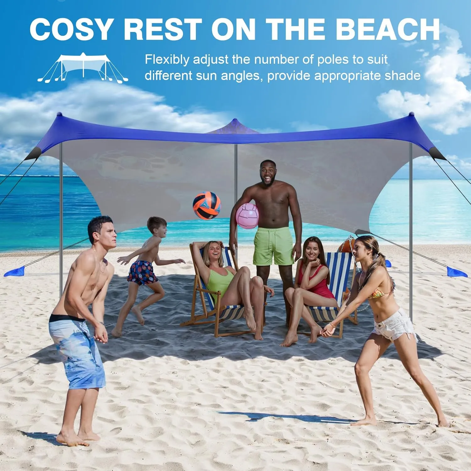 Rhino Valley Beach Tent Sun Shelter, 10x10FT Beach Canopy Tent Sun Shade UPF50  Protection with 8 Sandbags 4 Stability Poles, Outdoor Beach Shade Canopy 6-8 People for Beach Camping Fishing