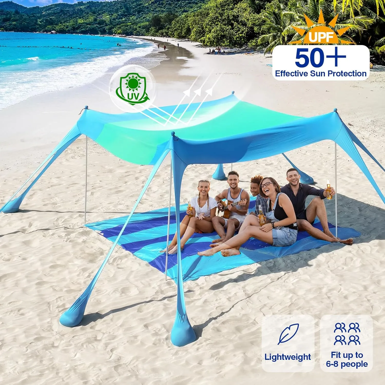 Rhino Valley Beach Tent Sun Shelter, Beach Canopy Tent Sun Shade UPF50  Protection with 8 Sandbags 4 Stability Poles, Outdoor Beach Shade Canopy for Beach, Camping, Fishing
