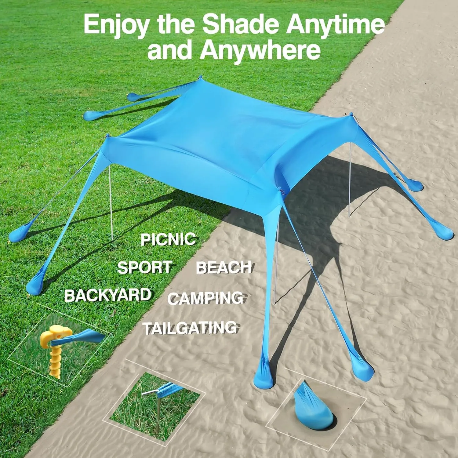Rhino Valley Beach Tent Sun Shelter, Beach Canopy Tent Sun Shade UPF50  Protection with 8 Sandbags 4 Stability Poles, Outdoor Beach Shade Canopy for Beach, Camping, Fishing