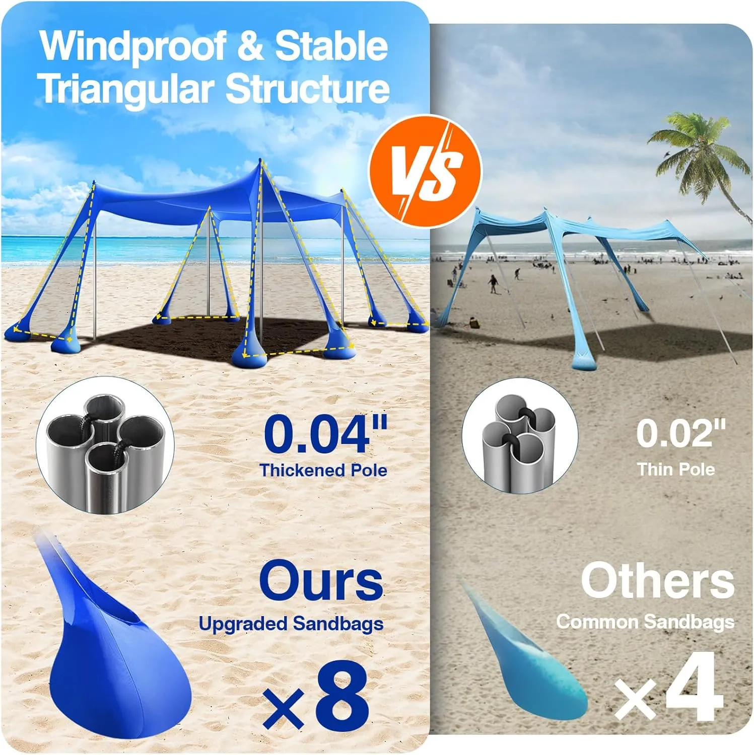 Rhino Valley Beach Tent Sun Shelter, Beach Canopy Tent Sun Shade UPF50  Protection with 8 Sandbags 4 Stability Poles, Outdoor Beach Shade Canopy for Beach, Camping, Fishing