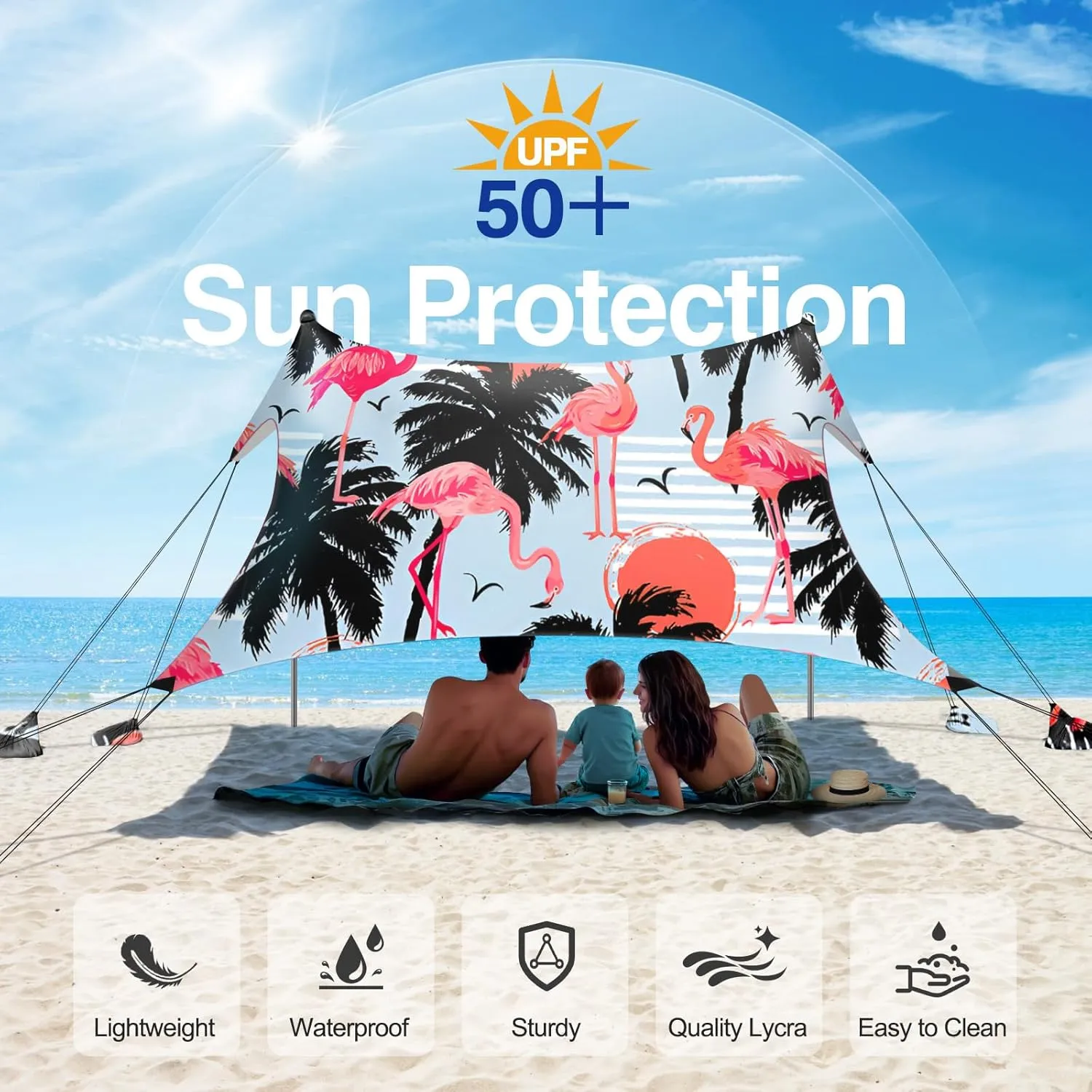 Rhino Valley Beach Tent Sun Shelter, Beach Canopy Tent Sun Shade UPF50  Protection with 8 Sandbags 4 Stability Poles, Outdoor Beach Shade Canopy for Beach, Camping, Fishing
