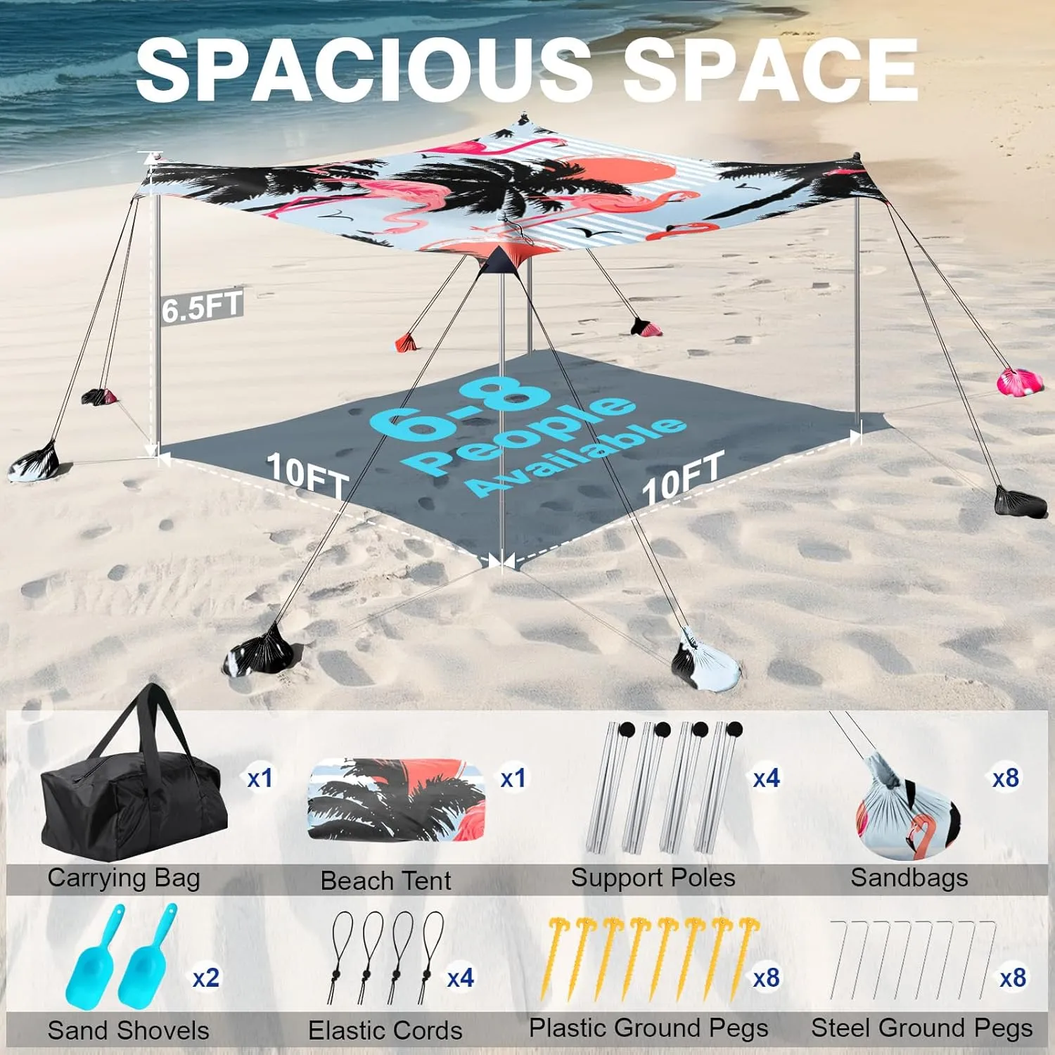 Rhino Valley Beach Tent Sun Shelter, Beach Canopy Tent Sun Shade UPF50  Protection with 8 Sandbags 4 Stability Poles, Outdoor Beach Shade Canopy for Beach, Camping, Fishing
