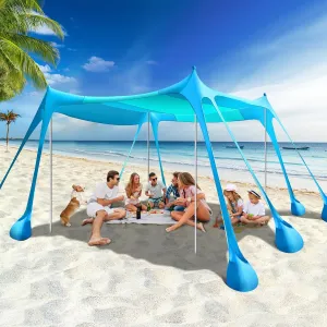 Rhino Valley Beach Tent Sun Shelter, Beach Canopy Tent Sun Shade UPF50  Protection with 8 Sandbags 4 Stability Poles, Outdoor Beach Shade Canopy for Beach, Camping, Fishing