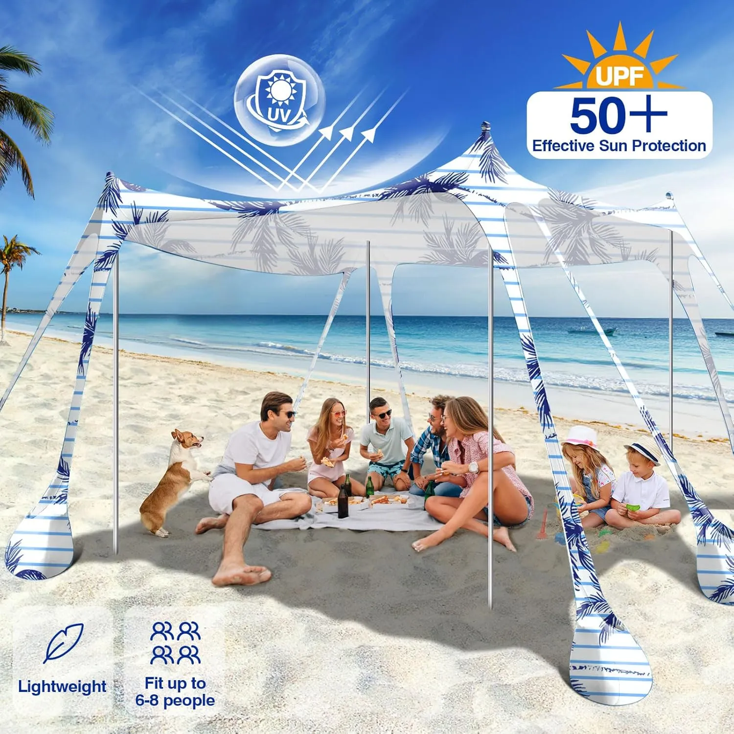 Rhino Valley Beach Tent Sun Shelter, Beach Canopy Tent Sun Shade UPF50  Protection with 8 Sandbags 4 Stability Poles, Outdoor Beach Shade Canopy for Beach, Camping, Fishing
