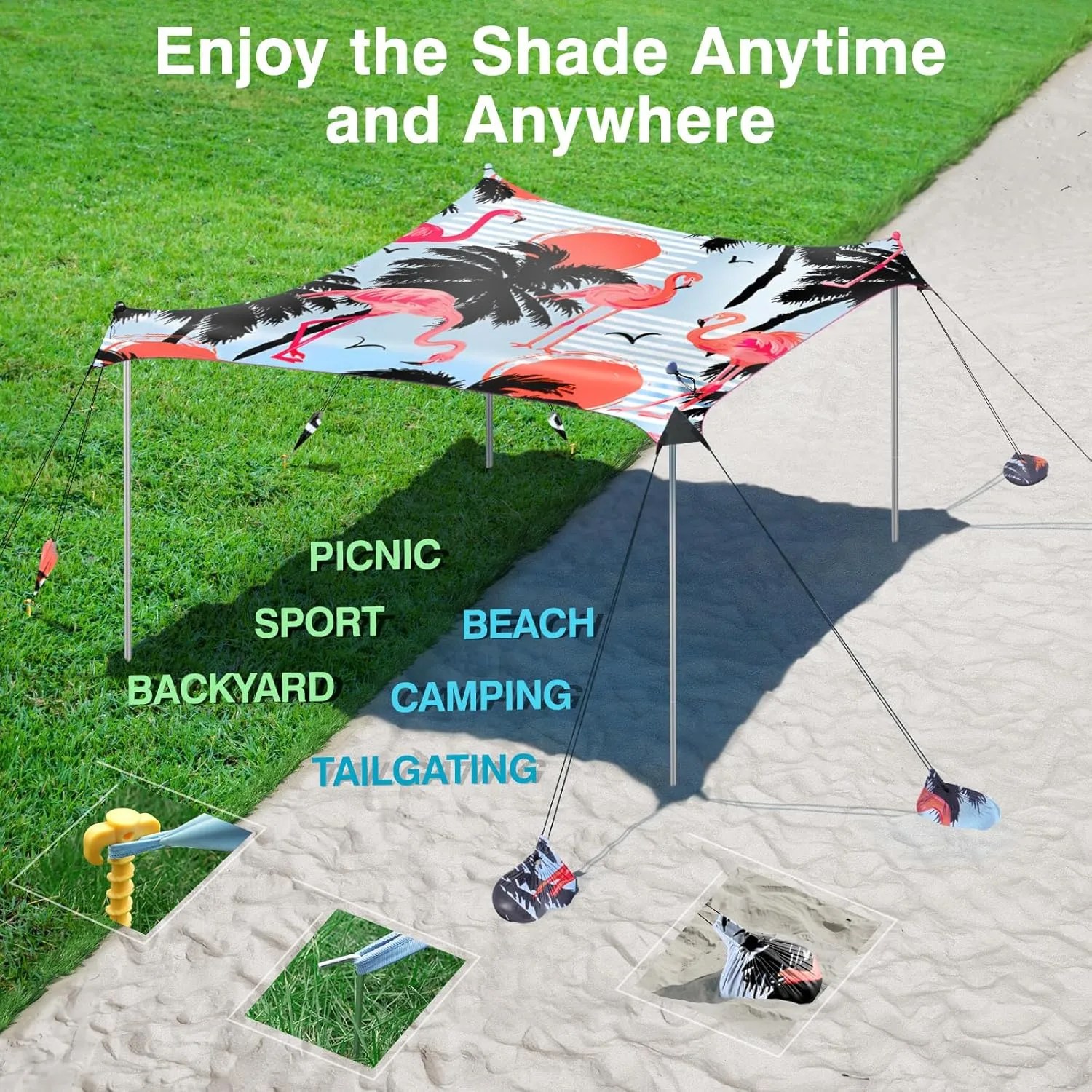 Rhino Valley Beach Tent Sun Shelter, Beach Canopy Tent Sun Shade UPF50  Protection with 8 Sandbags 4 Stability Poles, Outdoor Beach Shade Canopy for Beach, Camping, Fishing