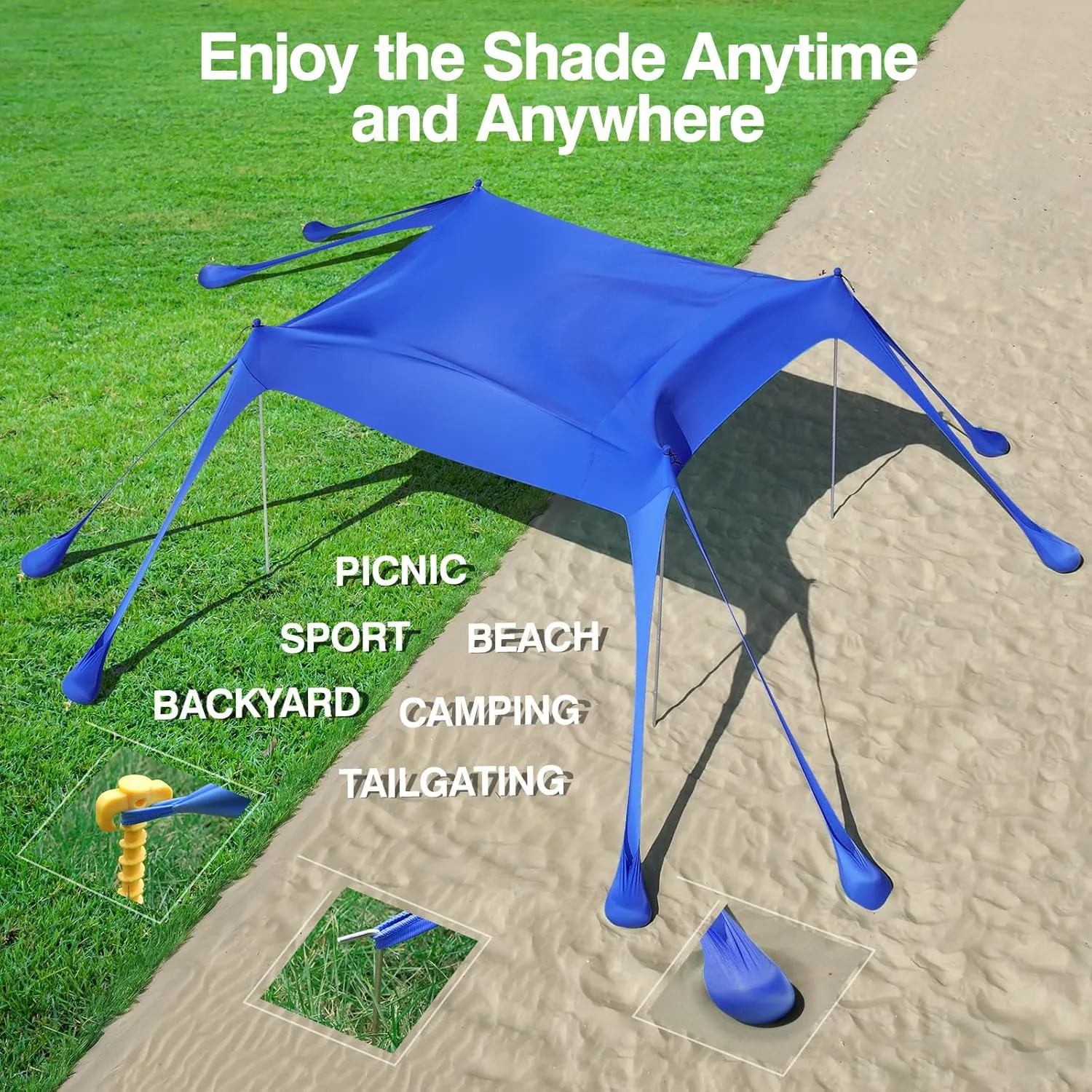 Rhino Valley Beach Tent Sun Shelter, Beach Canopy Tent Sun Shade UPF50  Protection with 8 Sandbags 4 Stability Poles, Outdoor Beach Shade Canopy for Beach, Camping, Fishing