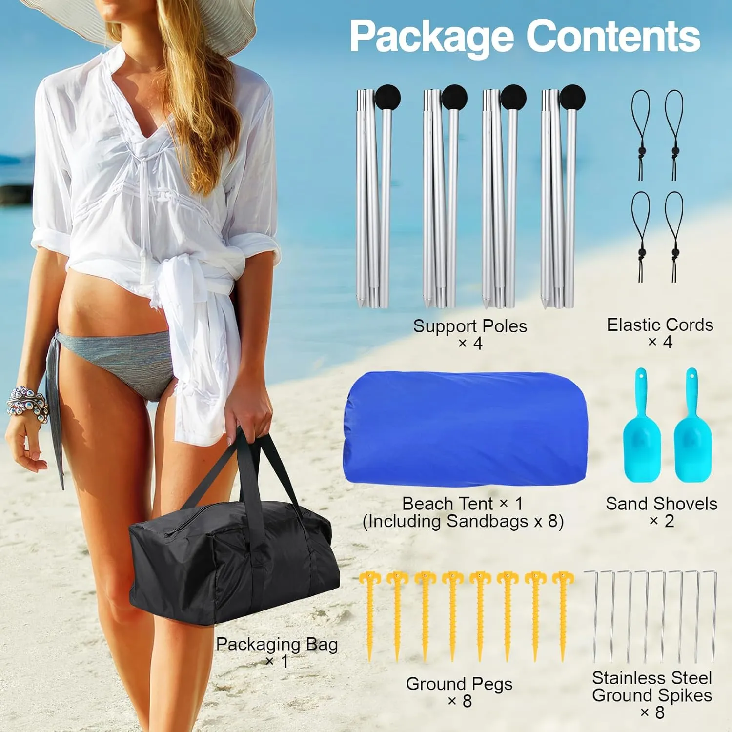 Rhino Valley Beach Tent Sun Shelter, Beach Canopy Tent Sun Shade UPF50  Protection with 8 Sandbags 4 Stability Poles, Outdoor Beach Shade Canopy for Beach, Camping, Fishing