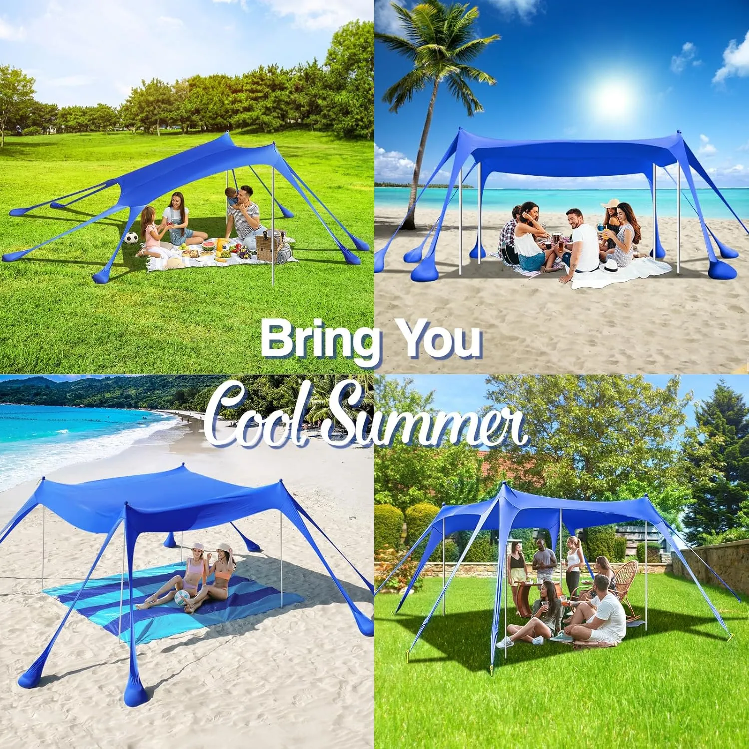 Rhino Valley Beach Tent Sun Shelter, Beach Canopy Tent Sun Shade UPF50  Protection with 8 Sandbags 4 Stability Poles, Outdoor Beach Shade Canopy for Beach, Camping, Fishing