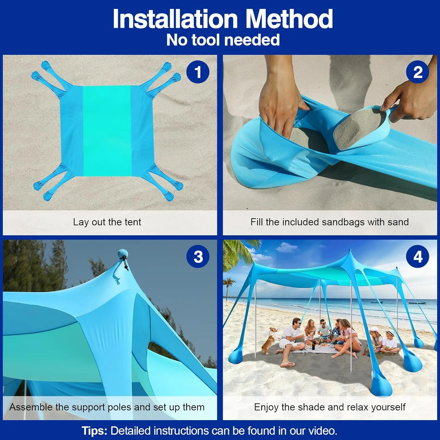 Rhino Valley Beach Tent Sun Shelter, Beach Canopy Tent Sun Shade UPF50  Protection with 8 Sandbags 4 Stability Poles, Outdoor Beach Shade Canopy for Beach, Camping, Fishing