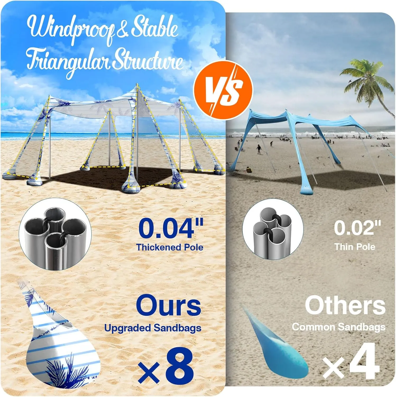 Rhino Valley Beach Tent Sun Shelter, Beach Canopy Tent Sun Shade UPF50  Protection with 8 Sandbags 4 Stability Poles, Outdoor Beach Shade Canopy for Beach, Camping, Fishing