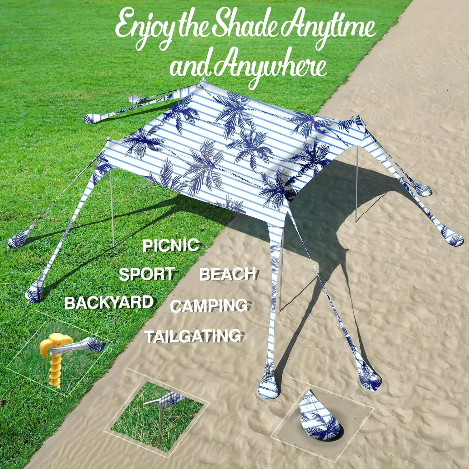 Rhino Valley Beach Tent Sun Shelter, Beach Canopy Tent Sun Shade UPF50  Protection with 8 Sandbags 4 Stability Poles, Outdoor Beach Shade Canopy for Beach, Camping, Fishing