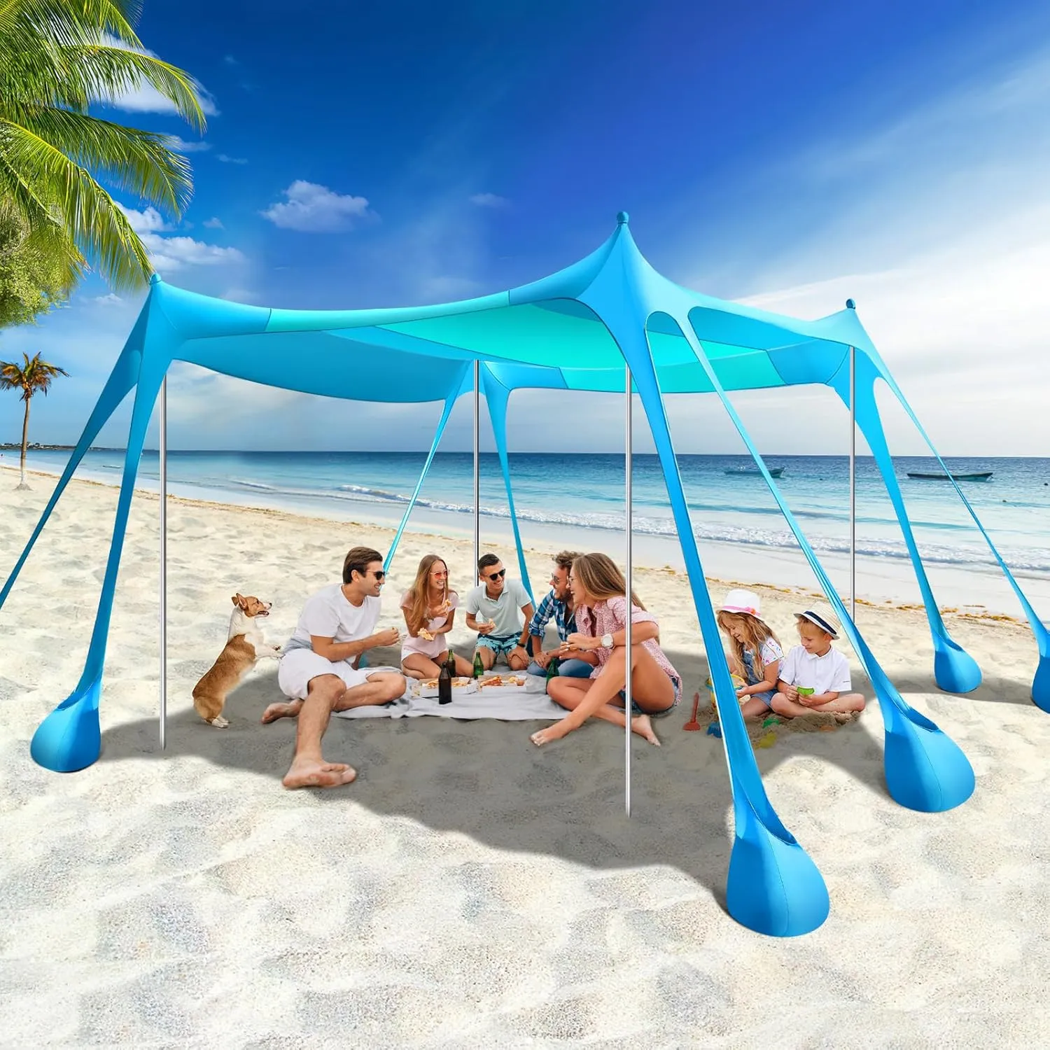 Rhino Valley Beach Tent Sun Shelter, Beach Canopy Tent Sun Shade UPF50  Protection with 8 Sandbags 4 Stability Poles, Outdoor Beach Shade Canopy for Beach, Camping, Fishing
