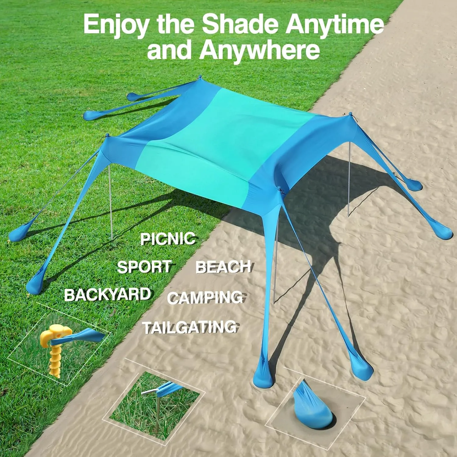 Rhino Valley Beach Tent Sun Shelter, Beach Canopy Tent Sun Shade UPF50  Protection with 8 Sandbags 4 Stability Poles, Outdoor Beach Shade Canopy for Beach, Camping, Fishing