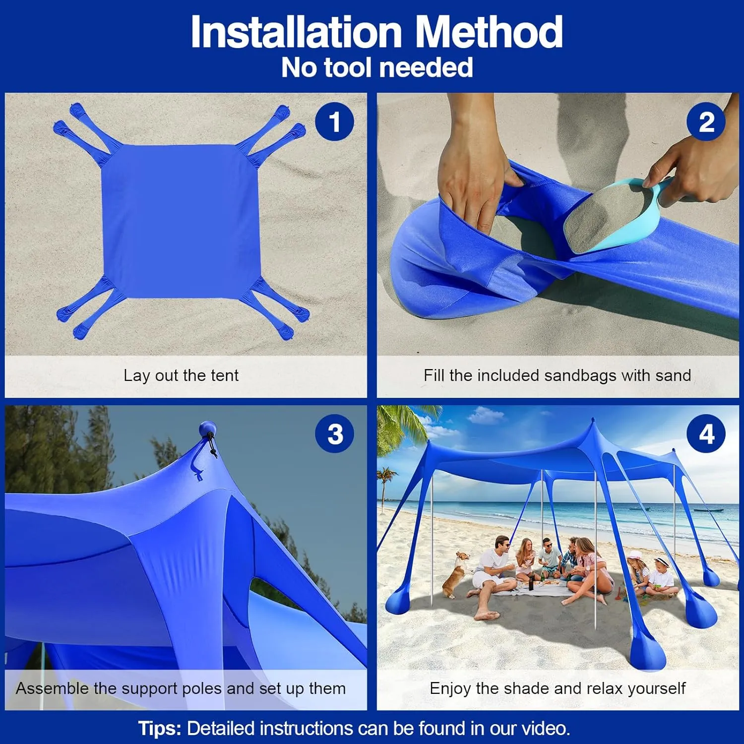 Rhino Valley Beach Tent Sun Shelter, Beach Canopy Tent Sun Shade UPF50  Protection with 8 Sandbags 4 Stability Poles, Outdoor Beach Shade Canopy for Beach, Camping, Fishing