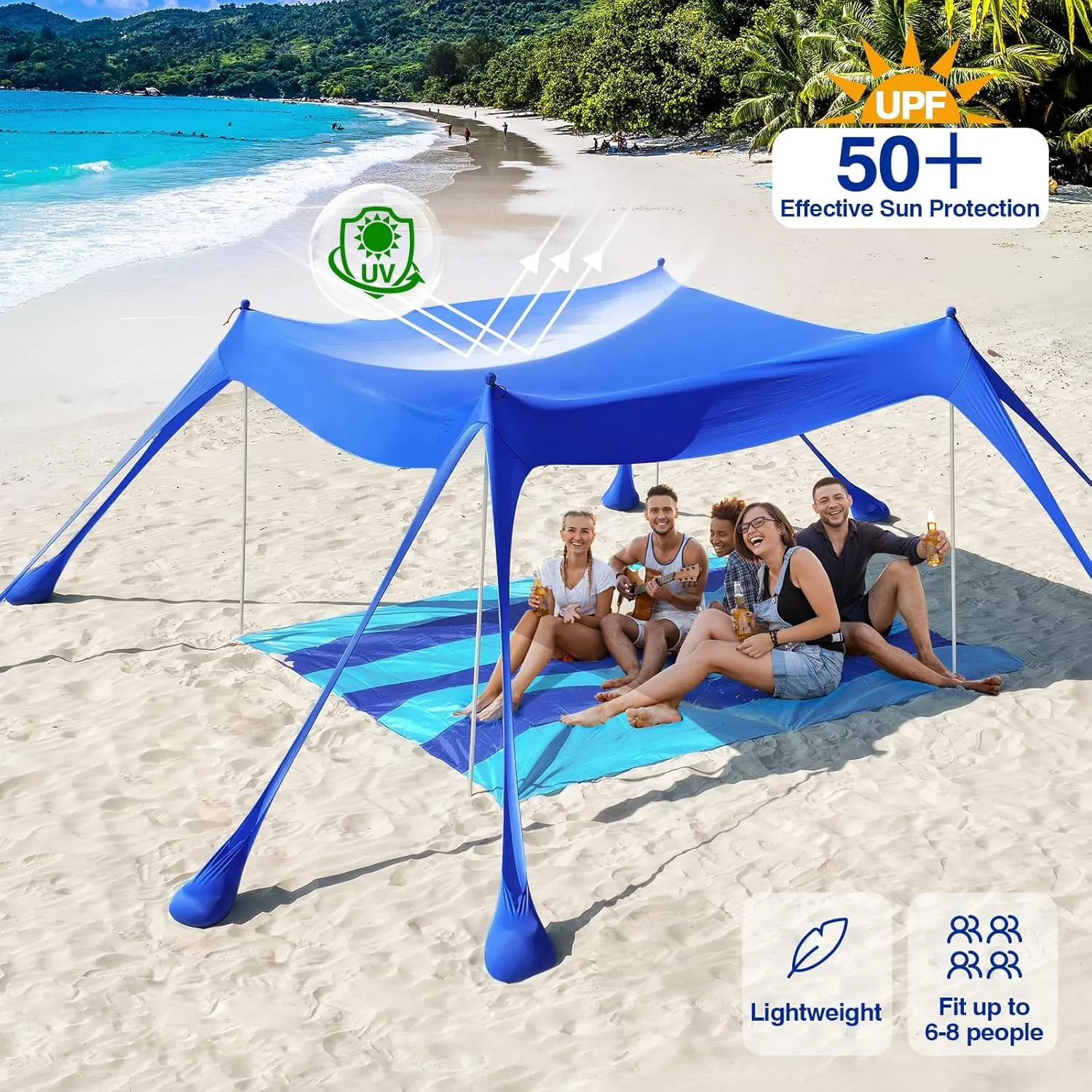 Rhino Valley Beach Tent Sun Shelter, Beach Canopy Tent Sun Shade UPF50  Protection with 8 Sandbags 4 Stability Poles, Outdoor Beach Shade Canopy for Beach, Camping, Fishing