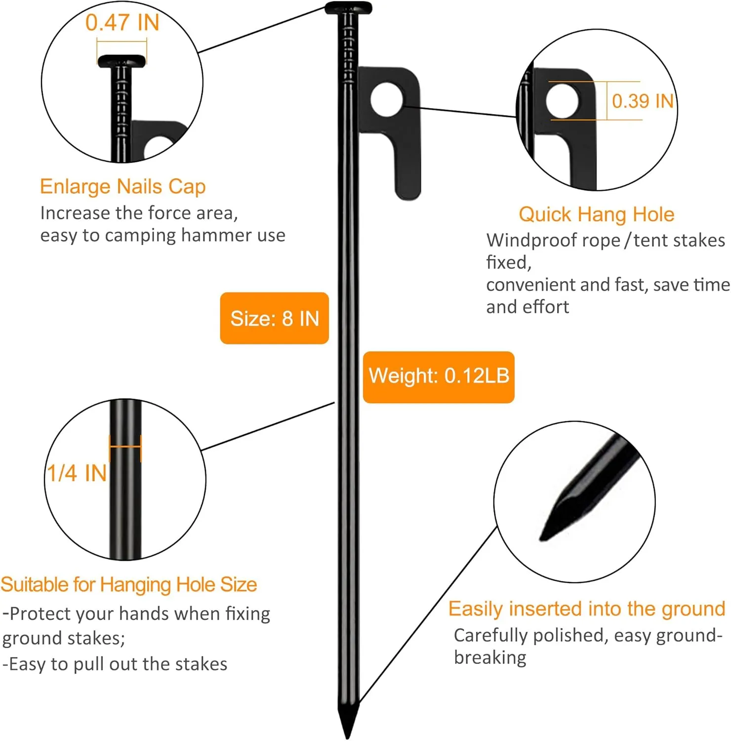RIY Tent Stakes Heavy Duty 8 inch Metal Tent Pegs for Camping Steel Tent Stakes Inflexible and Unbreakable-32 PCS