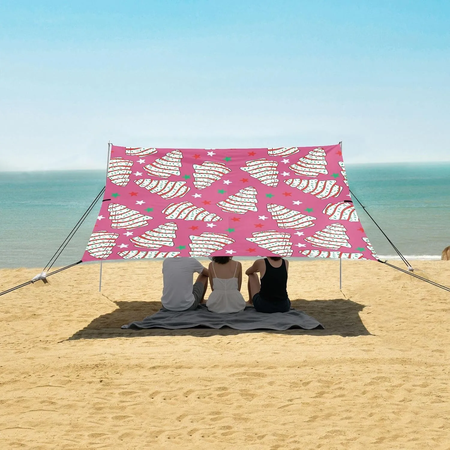 Rose Pink Christmas Tree Cake Beach Camping Tent Sun Shelter for Whole Family, Beach Shade Canopy with UPF50  UV Protection,Easy Set Up and Carry,Outdoor Shade for Trips, Fishing, Backyard Fun