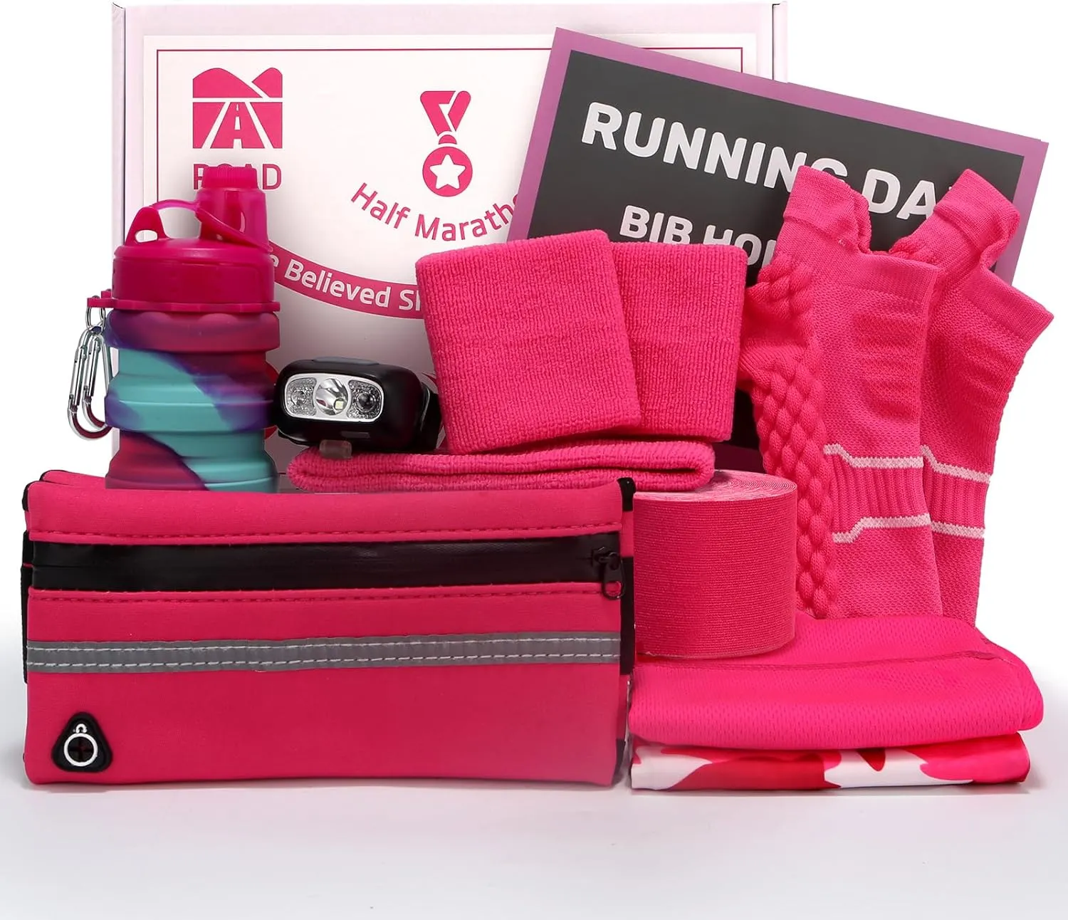 Running Gift Box - 13 Runner Essentials Kit With Belt, Headlamp, Kinesiology Tape, Folding Water Cup & More - Marathon Training, Night and Trail Running Outdoor Fitness Gift for Men Women