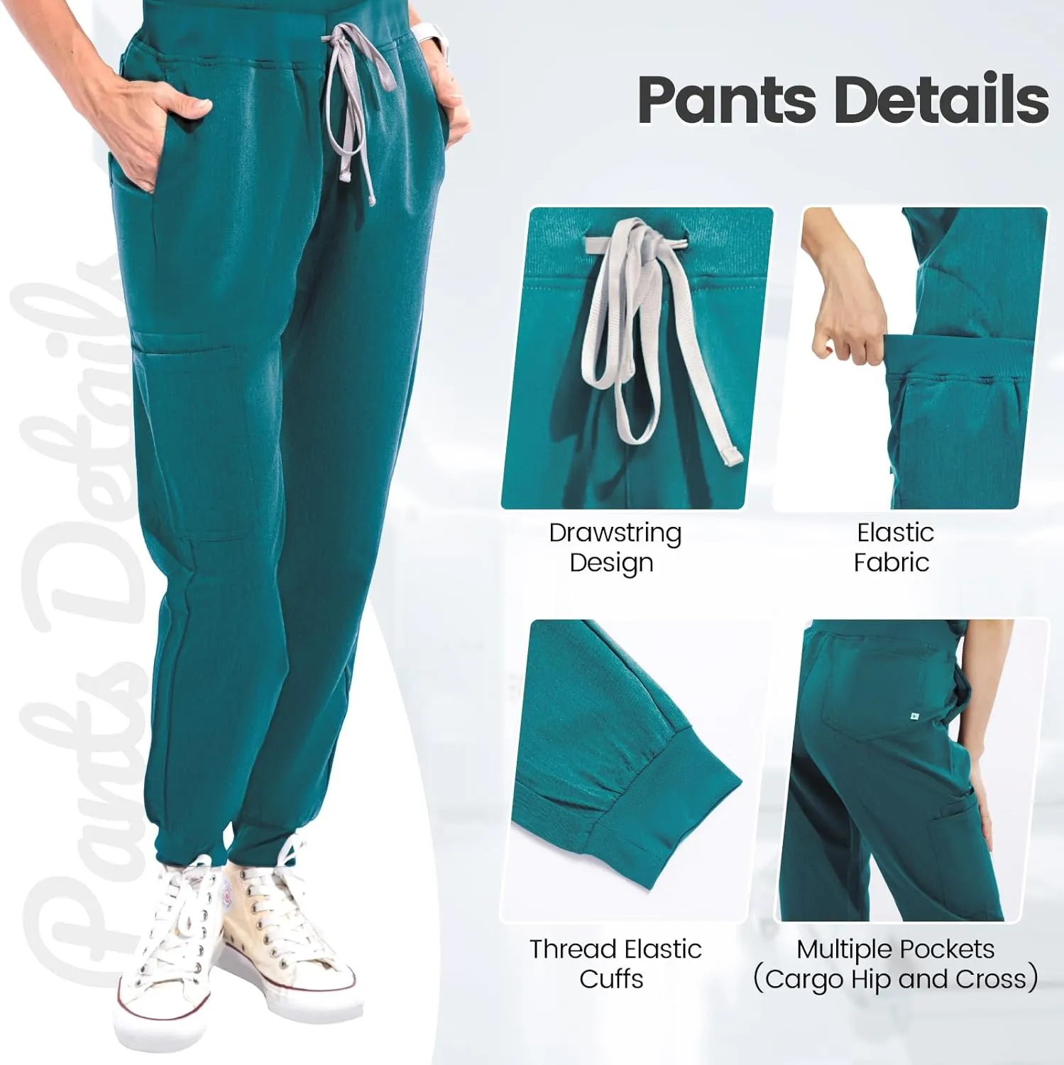 Scrubs for Women Scrub Sets, Slim Scrubs Stretch Top & Jogger Scrub Pants with Multi Pocket Yoga Waistband