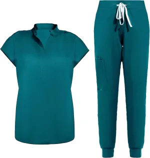 Scrubs for Women Scrub Sets, Slim Scrubs Stretch Top & Jogger Scrub Pants with Multi Pocket Yoga Waistband
