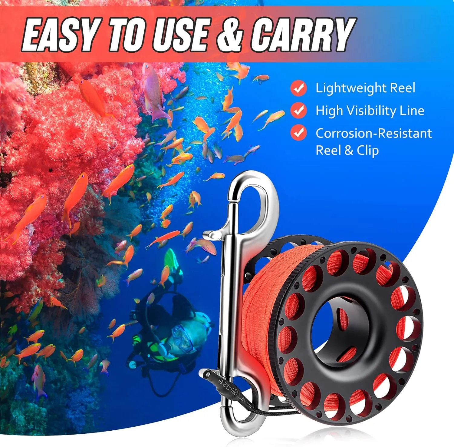 Scuba Diving Reel, Aluminum Alloy Wreck Cave Finger Spool with 30m/100ft High Visibility Flat Line and Double-Ended Bolt Snap Clip Fits for Outdoor Diving Activities Black