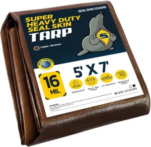 Seal Skin Covers Heavy Duty Waterproof Tarp 5x7 FT, 16 Mil 8 OZ 160 GSM Thick Brown Poly Tarp with Rustproof Grommets, Tear-Proof Cover with Reinforced Edges for Camping, Pool, Canopy Use