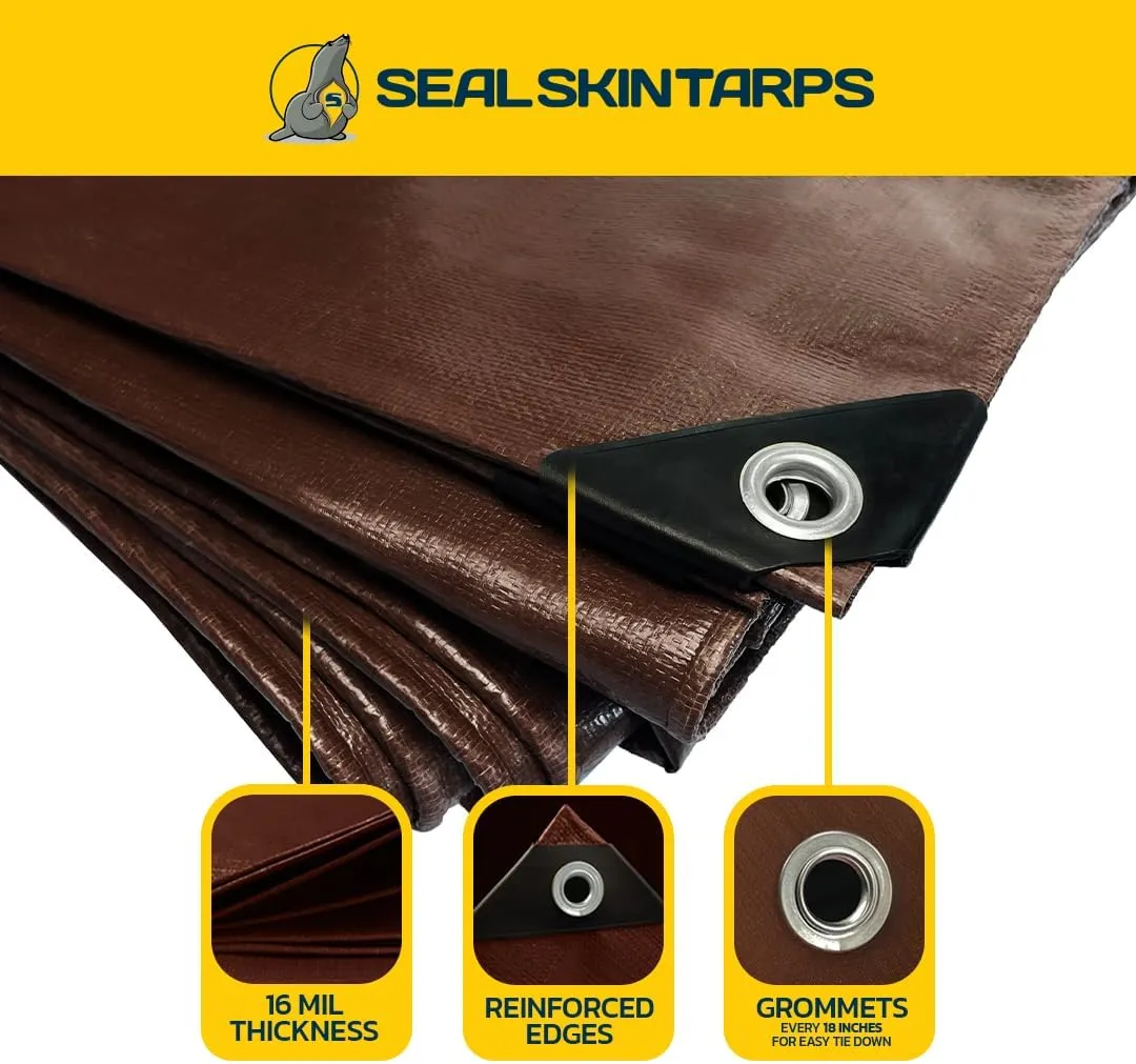 Seal Skin Covers Heavy Duty Waterproof Tarp 5x7 FT, 16 Mil 8 OZ 160 GSM Thick Brown Poly Tarp with Rustproof Grommets, Tear-Proof Cover with Reinforced Edges for Camping, Pool, Canopy Use
