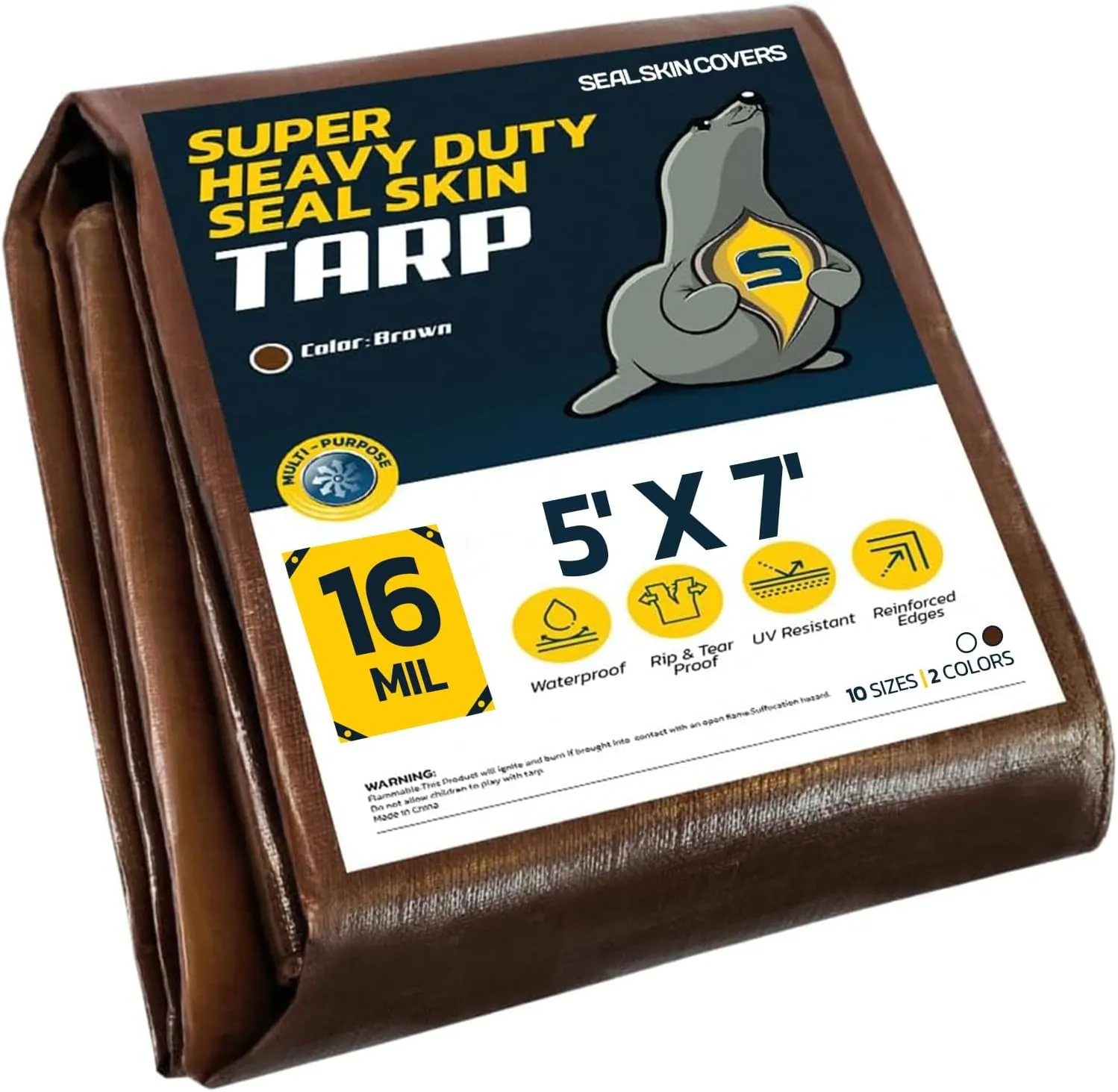 Seal Skin Covers Heavy Duty Waterproof Tarp 5x7 FT, 16 Mil 8 OZ 160 GSM Thick Brown Poly Tarp with Rustproof Grommets, Tear-Proof Cover with Reinforced Edges for Camping, Pool, Canopy Use