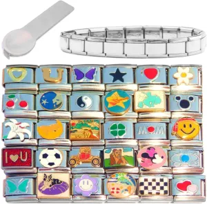 Set of 30 Italian Charms Plus Stainless Steel Starter Bracelet and Charm Tool - Soccer, Emoji, Minnie, Bear, Car, Love, Butterfly, Race Flag, Clover, Flower, and More 9mm Bracelet Links