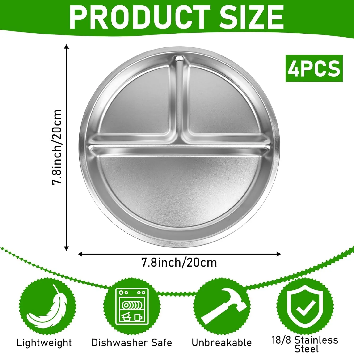 Set of 4 Stainless Steel Kids Plates, Portion Control Platter with 3-Compartment, Unbreakable Dinner Plates, Divided Food Tray Stainless Steel Plate for Adults Kids, Camping, Lunch and Dinner