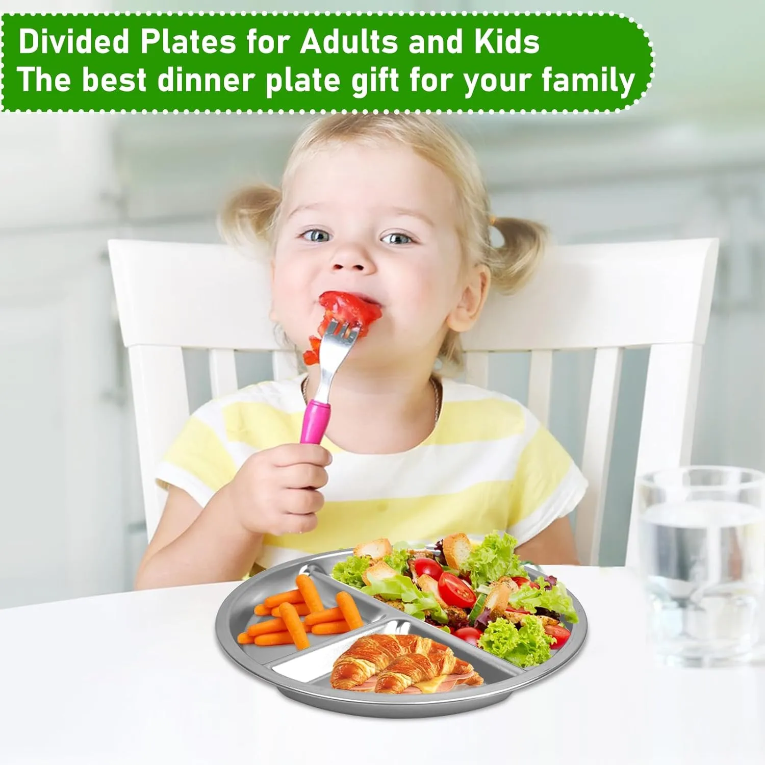 Set of 4 Stainless Steel Kids Plates, Portion Control Platter with 3-Compartment, Unbreakable Dinner Plates, Divided Food Tray Stainless Steel Plate for Adults Kids, Camping, Lunch and Dinner