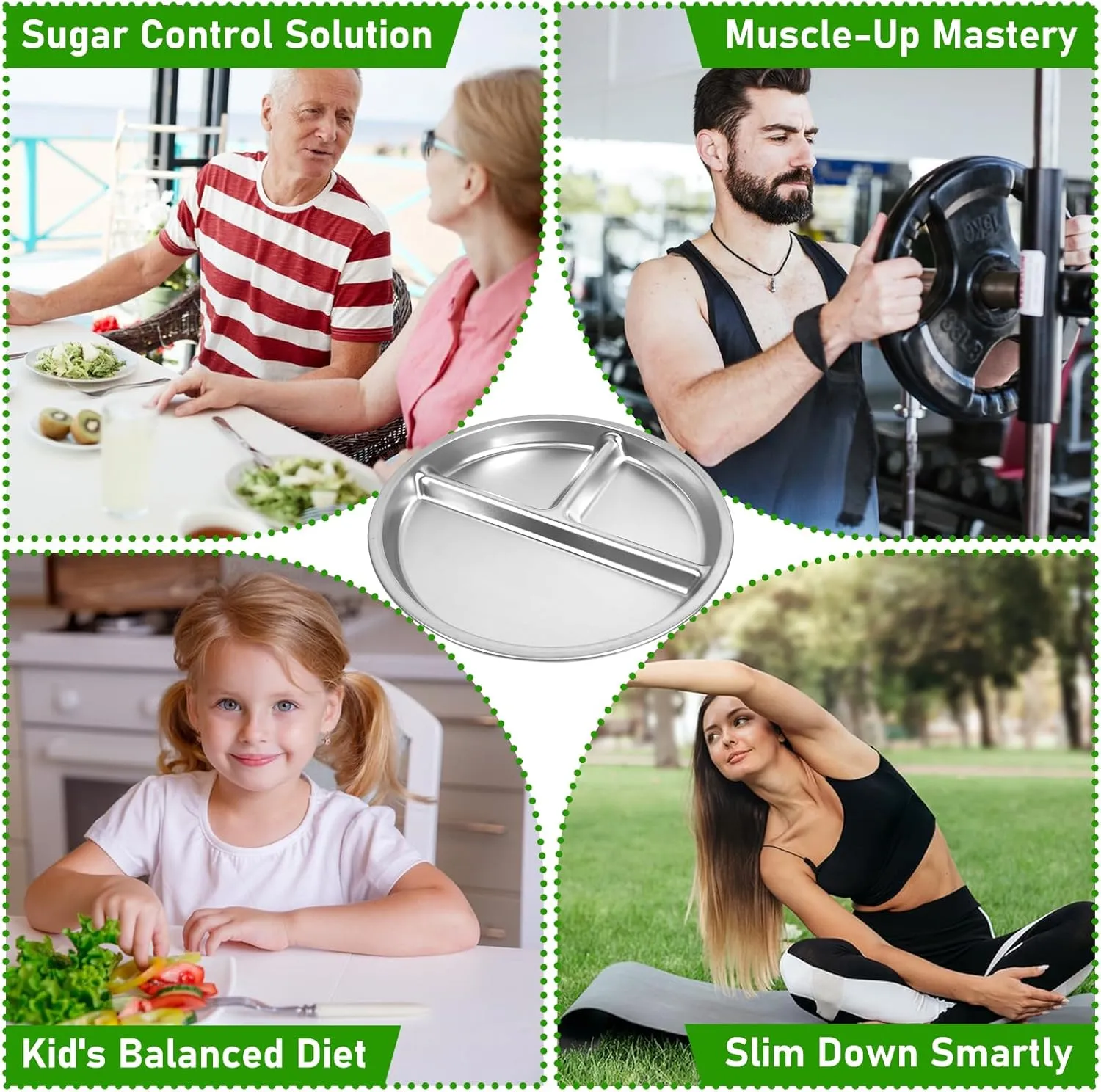 Set of 4 Stainless Steel Kids Plates, Portion Control Platter with 3-Compartment, Unbreakable Dinner Plates, Divided Food Tray Stainless Steel Plate for Adults Kids, Camping, Lunch and Dinner