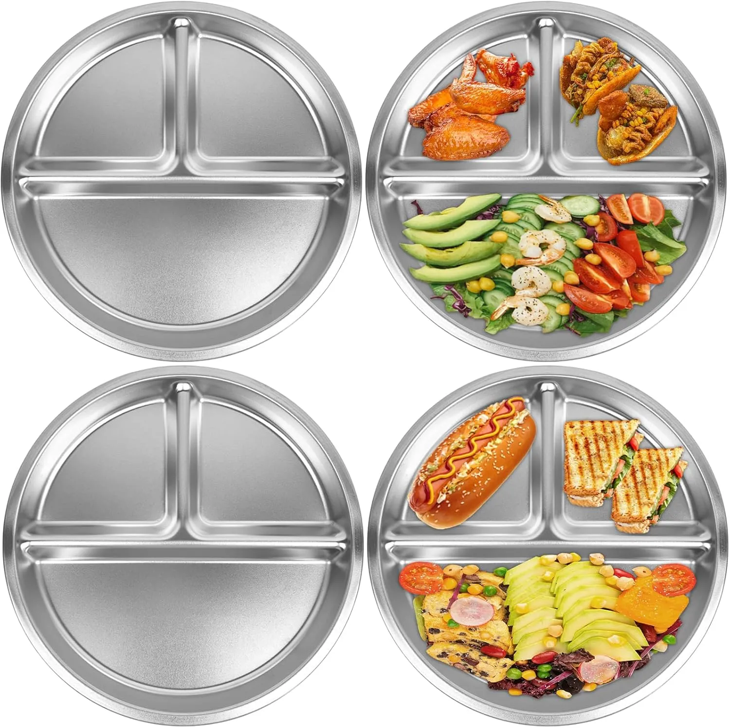 Set of 4 Stainless Steel Kids Plates, Portion Control Platter with 3-Compartment, Unbreakable Dinner Plates, Divided Food Tray Stainless Steel Plate for Adults Kids, Camping, Lunch and Dinner
