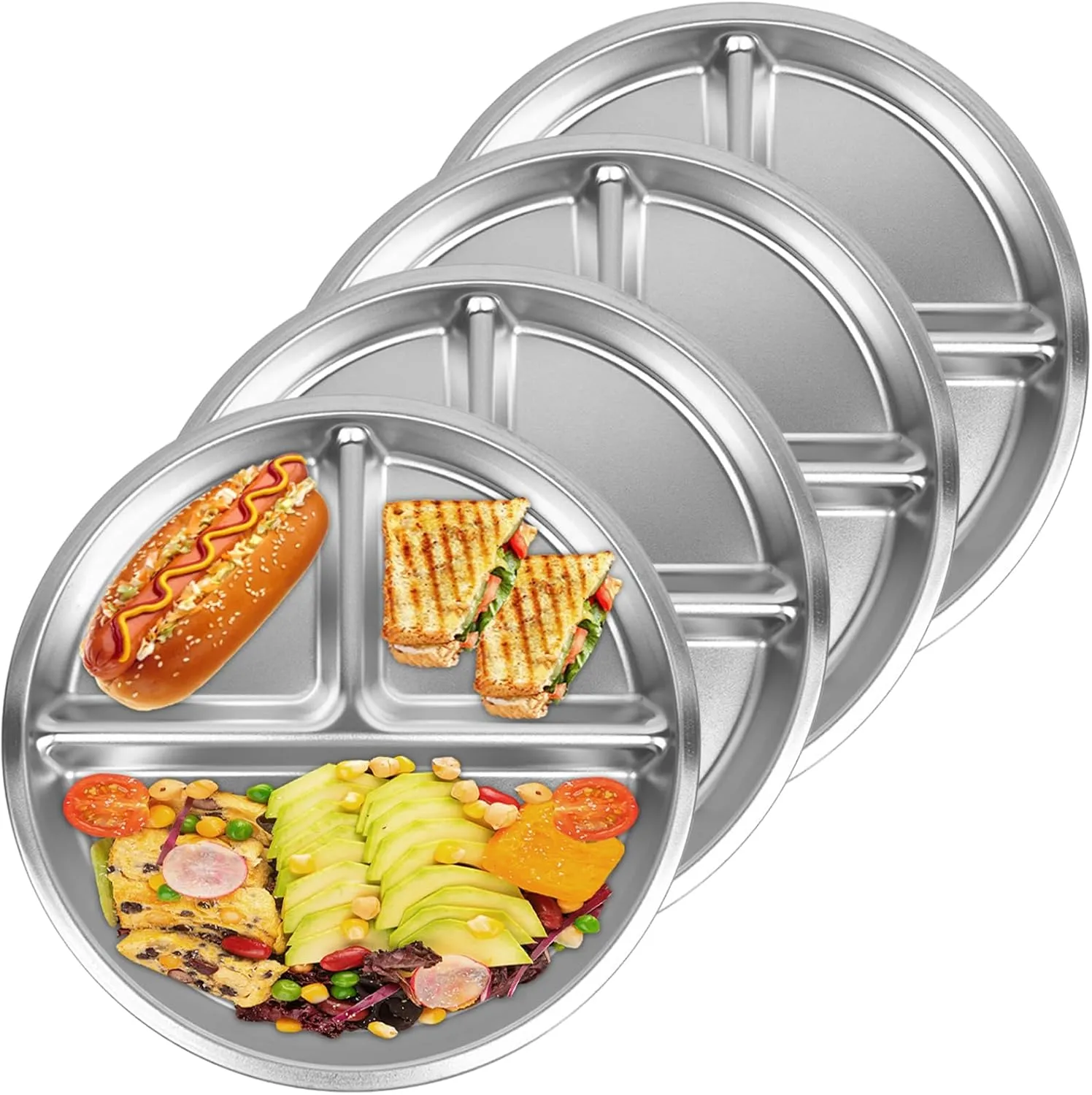 Set of 4 Stainless Steel Kids Plates, Portion Control Platter with 3-Compartment, Unbreakable Dinner Plates, Divided Food Tray Stainless Steel Plate for Adults Kids, Camping, Lunch and Dinner