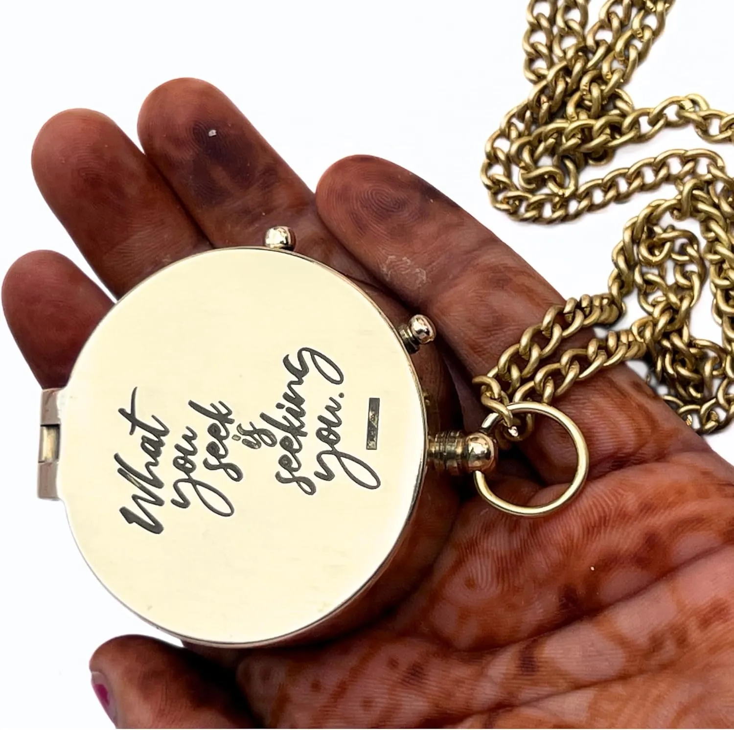 Shiny Brass Pocket Magnetic Compass with Engraved Motivational Quote & Chain – Open Lid Directional Compass for Camping, Hiking, & Traveling – Practical Navigational Instrument & Gift