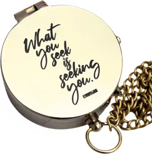 Shiny Brass Pocket Magnetic Compass with Engraved Motivational Quote & Chain – Open Lid Directional Compass for Camping, Hiking, & Traveling – Practical Navigational Instrument & Gift