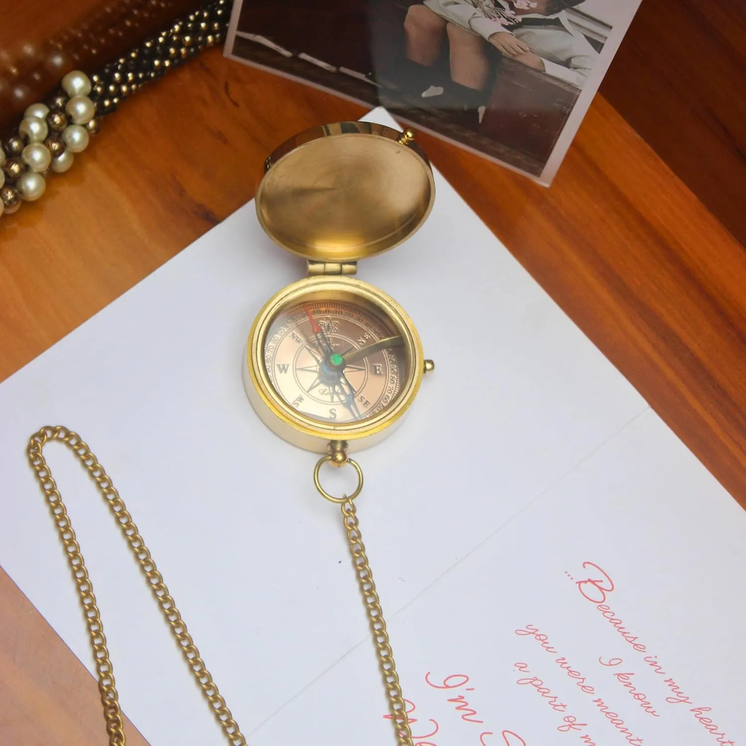 Shiny Brass Pocket Magnetic Compass with Engraved Motivational Quote & Chain – Open Lid Directional Compass for Camping, Hiking, & Traveling – Practical Navigational Instrument & Gift