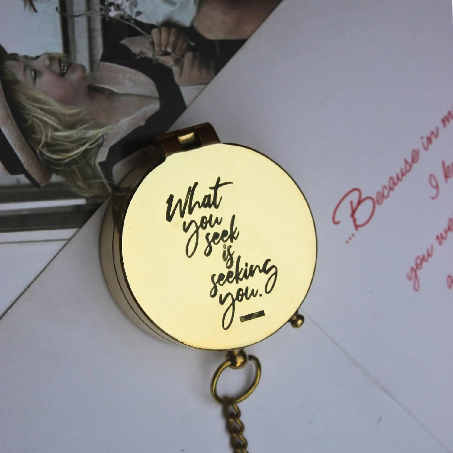 Shiny Brass Pocket Magnetic Compass with Engraved Motivational Quote & Chain – Open Lid Directional Compass for Camping, Hiking, & Traveling – Practical Navigational Instrument & Gift