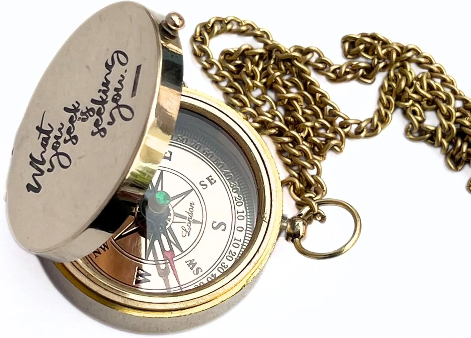 Shiny Brass Pocket Magnetic Compass with Engraved Motivational Quote & Chain – Open Lid Directional Compass for Camping, Hiking, & Traveling – Practical Navigational Instrument & Gift