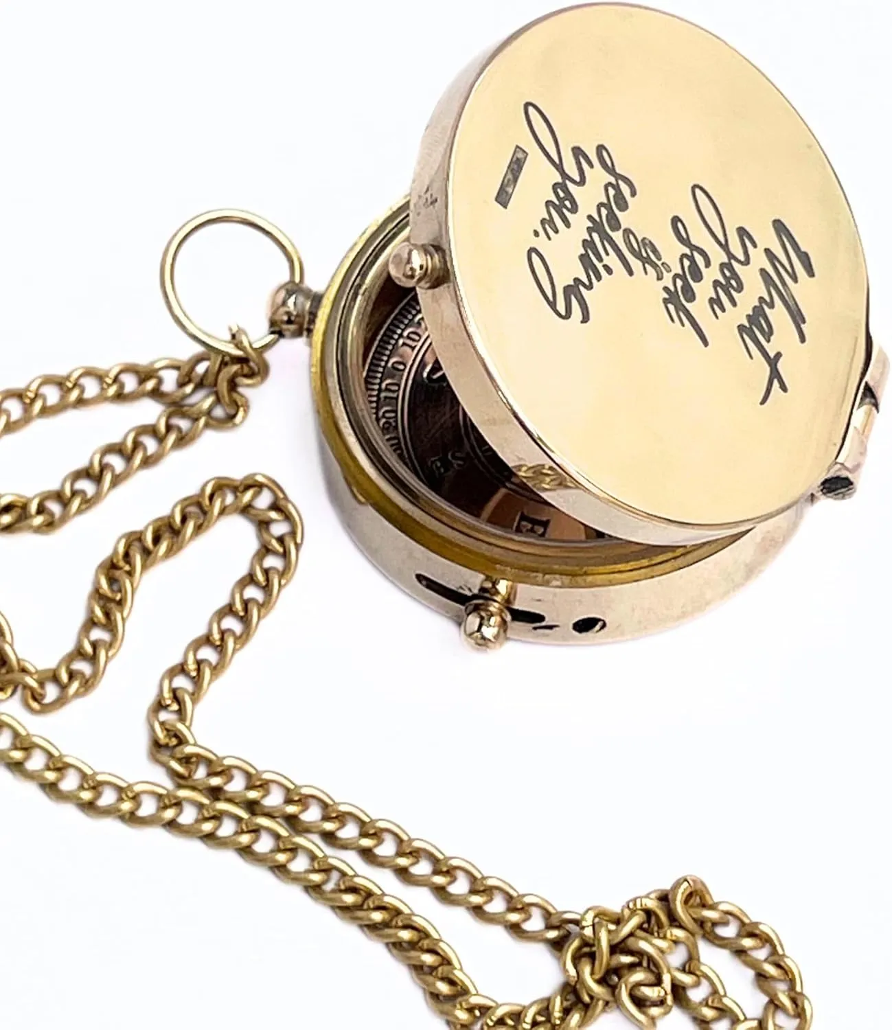 Shiny Brass Pocket Magnetic Compass with Engraved Motivational Quote & Chain – Open Lid Directional Compass for Camping, Hiking, & Traveling – Practical Navigational Instrument & Gift