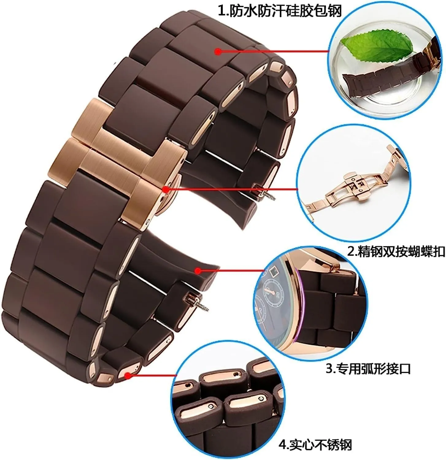 Silicone cover steels Wristband Bracelet For Armani AR5905 AR5906 AR5919 AR5920 20 23mm Watch Strap with rose gold Buckle