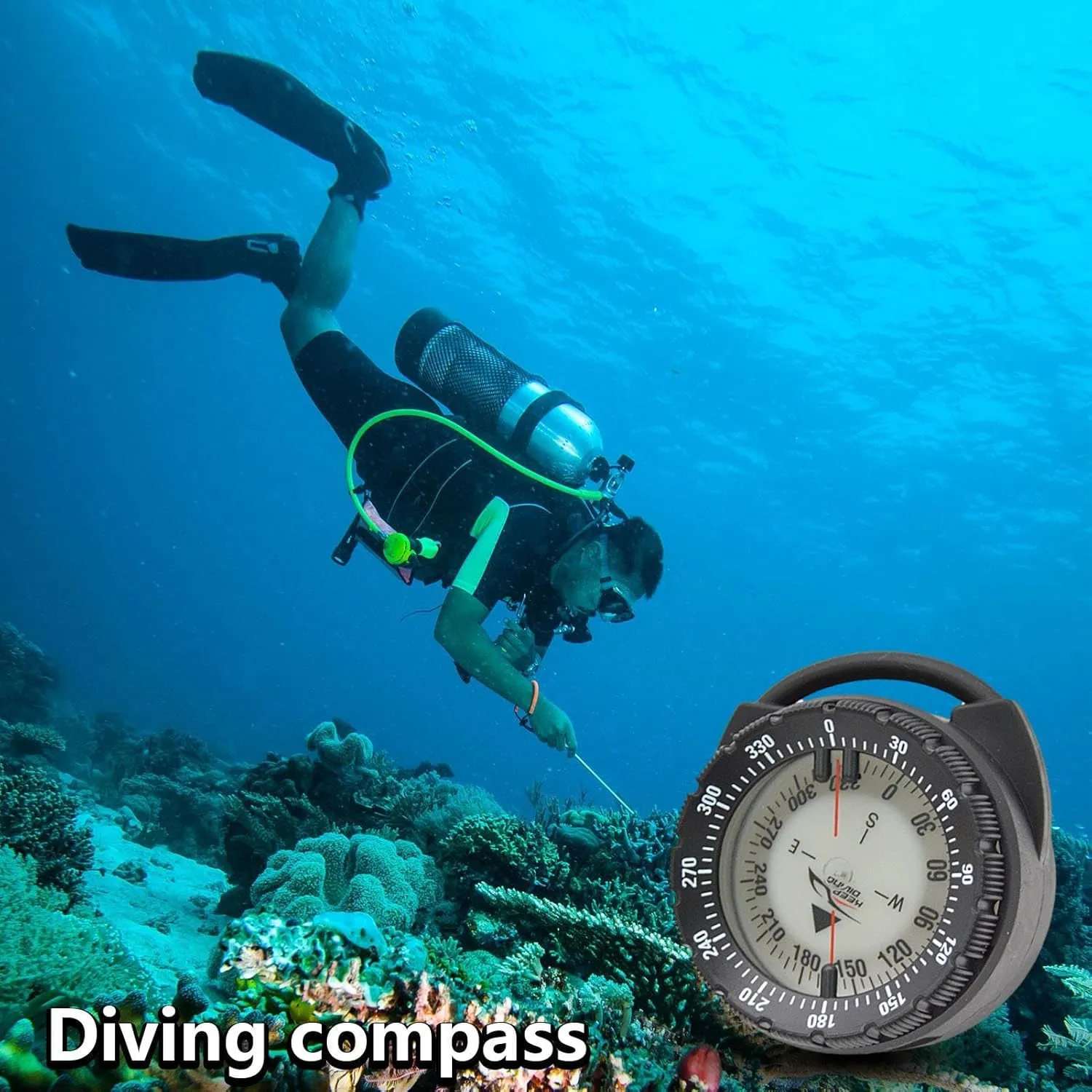 Small Compass - Magnetic Diving Compass, Compass Hose Mount | Small Pipe Clamp Diving Compass, 50m Magnetic Lightweight Glowing Compass with Side Window for Water Sports, Camping, Hiking, Kayak