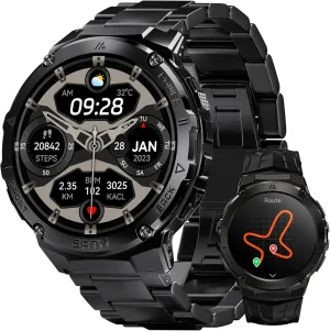 Smart Watches for Men GPS, Pressure,Altitude,Compass, 480mAh Extra-Large Battery, 50M Waterproof, Full Metal Body Rugged Smartwatch, Answer/Make Call,1.43" AMOLED Display(2 Bands)