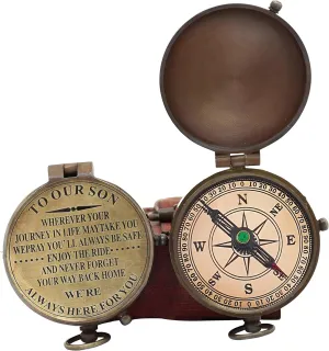Son Gifts Brass Compass Christmas Unique Gift with Leather Case | Our Son Compass Hiking Navigation Gifts, Son Gift from mom and dad, Bithday Gifts, Graduation Gifts